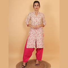 Women Cream and Pink Floral Printed Cotton Kurta with One Side Pocket