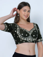 Choli Cut Dark Mehandi Cotton Silk Blouse