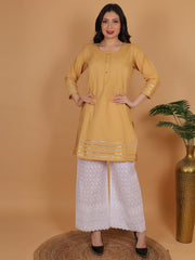 Women's Mustard Yellow Cotton Kurti with White Chikankari Palazzo set – Ethnic Wear