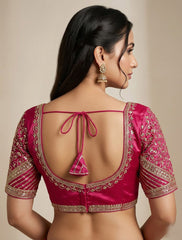 Magenta Gold Embroidered Silk Crop Blouse | Designer Indian Choli | Women's Festive Ethnic Top