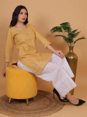 Women's Mustard Yellow Cotton Kurti with White Chikankari Palazzo set – Ethnic Wear