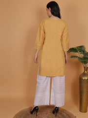 Women's Mustard Yellow Cotton Kurti with White Chikankari Palazzo set – Ethnic Wear