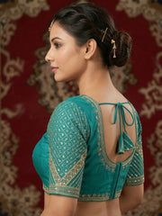 Teal Green Designer Embroidered Saree Blouse | Indian Lehenga Choli Crop Top | Gold Sequin Work Festive Wear