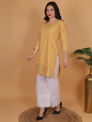 Women's Mustard Yellow Cotton Kurti with White Chikankari Palazzo set – Ethnic Wear