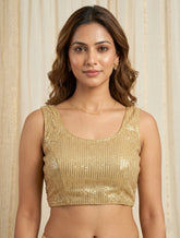Golden Cotton Silk Saree Blouse with Siroski Crystal Work | Sleeveless Ethnic Choli