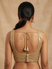 Golden Cotton Silk Saree Blouse with Siroski Crystal Work | Sleeveless Ethnic Choli