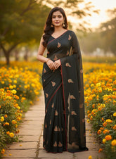 Women Black Striped Saree with Multicolor Paisley Embroidery & Red Border