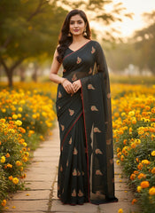 Women Black Striped Saree with Multicolor Paisley Embroidery & Red Border