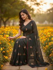 Women Black Striped Saree with Multicolor Paisley Embroidery & Red Border