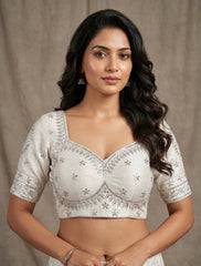 Designer Ivory Silk Readymade Saree Blouse | Silver Sequins Embroidered Lehenga Crop Top | Festive & Wedding Wear for Women