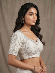 Designer Ivory Silk Readymade Saree Blouse | Silver Sequins Embroidered Lehenga Crop Top | Festive & Wedding Wear for Women