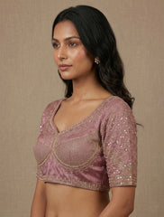 Premium Dusty Rose Embroidered Saree Blouse | Ready-to-Wear Silk Lehenga Crop Top for Women
