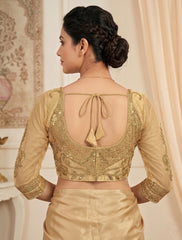 Traditional Indian Golden Beige Silk Saree Blouse – Heavy Embroidery Net 3/4 Sleeves