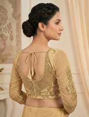 Traditional Indian Golden Beige Silk Saree Blouse – Heavy Embroidery Net 3/4 Sleeves