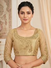 Traditional Indian Golden Beige Silk Saree Blouse – Heavy Embroidery Net 3/4 Sleeves