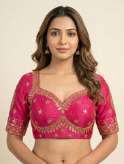 Rani Pink Embroidered Readymade Saree Blouse | Designer Zari Work Indian Crop Top for Lehenga & Saree