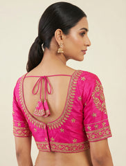 Rani Pink Embroidered Readymade Saree Blouse | Designer Zari Work Indian Crop Top for Lehenga & Saree