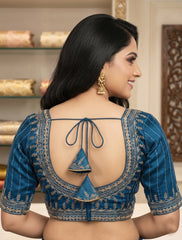 Exquisite Teal Blue Readymade Saree Blouse – Cotton Silk Crop Top with Zari & Siroski Embroidery | Trendzmy