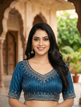 Exquisite Teal Blue Readymade Saree Blouse – Cotton Silk Crop Top with Zari & Siroski Embroidery | Trendzmy