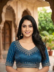 Exquisite Teal Blue Readymade Saree Blouse – Cotton Silk Crop Top with Zari & Siroski Embroidery | Trendzmy