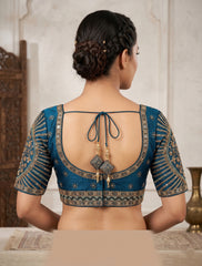 Royal Peacock Blue Silk Embroidered Blouse – Half Sleeve Indian Saree Blouse with Intricate Zardozi & Dori Work