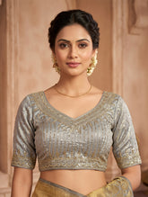 Women’s Designer Silk Blend Saree Blouse for Women | Embroidered V-Neck Readymade Blouse | Party Wear Ethnic Blouse for Saree | Premium Wedding Blouse for Women (Grey & Gold)
