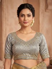 Women’s Designer Silk Blend Saree Blouse for Women | Embroidered V-Neck Readymade Blouse | Party Wear Ethnic Blouse for Saree | Premium Wedding Blouse for Women (Grey & Gold)