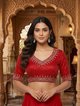 Premium Crimson Red Cotton Silk Embroidered V-Neck Blouse | Festive Indian Ethnic Wear