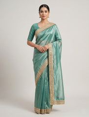 Premium Sea Green Organza Saree with Designer Embroidered Lace Border