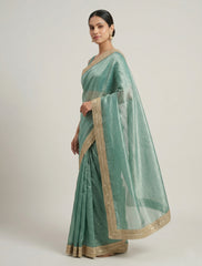 Premium Sea Green Organza Saree with Designer Embroidered Lace Border
