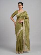 Elegant Olive Green Organza Saree with Embroidered Lace Border