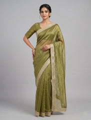 Elegant Olive Green Organza Saree with Embroidered Lace Border