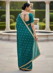 Women Green Georgette Saree with Golden Zari Border & Blouse Piece