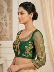 Traditional Indian Golden Green Silk Saree Blouse – Heavy Embroidery Net 3/4 Sleeves