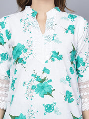 Trendzmy Women Apple Cut Green Floral Print Pure Cotton Straight Kurta