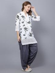 Trendzmy Women Apple Cut Grey Floral Print Pure Cotton Straight Kurta Set