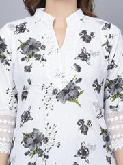 Trendzmy Women Apple Cut Grey Floral Print Pure Cotton Straight Kurta