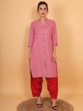 Women Red Floral Printed Cotton Kurti with One Side Pocket