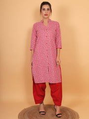 Women Red Floral Printed Cotton Kurti with One Side Pocket