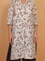 Women Brown Floral Printed Cotton Kurta with One Side Pocket