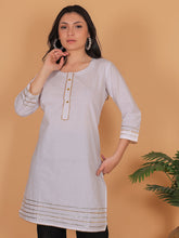 Women White Cotton Straight Kurti with Golden Detailing