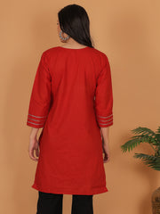 Women’s Elegant Red Cotton Kurti Tunic | 3/4 Sleeve Ethnic Indian Top with Gold Trim Detail | Casual & Festive Wear