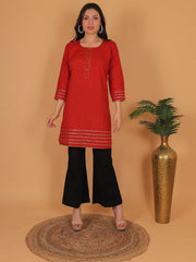 Women’s Elegant Red Cotton Kurti Tunic | 3/4 Sleeve Ethnic Indian Top with Gold Trim Detail | Casual & Festive Wear