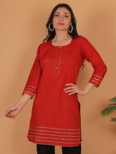 Women’s Elegant Red Cotton Kurti Tunic | 3/4 Sleeve Ethnic Indian Top with Gold Trim Detail | Casual & Festive Wear