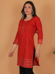 Women’s Elegant Red Cotton Kurti Tunic | 3/4 Sleeve Ethnic Indian Top with Gold Trim Detail | Casual & Festive Wear