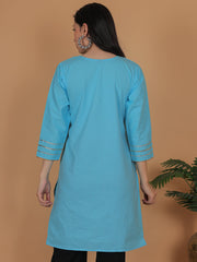 Women Blue Cotton Straight Kurti with Golden Detailing