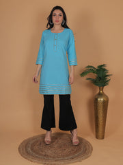 Women’s Elegant Blue Cotton Kurti Tunic | 3/4 Sleeve Ethnic Indian Top with Gold Trim Detail | Casual & Festive Wear