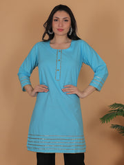Women’s Elegant Blue Cotton Kurti Tunic | 3/4 Sleeve Ethnic Indian Top with Gold Trim Detail | Casual & Festive Wear