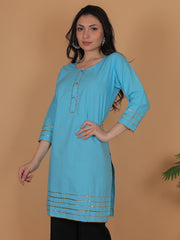 Women’s Elegant Blue Cotton Kurti Tunic | 3/4 Sleeve Ethnic Indian Top with Gold Trim Detail | Casual & Festive Wear
