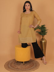 Women’s Elegant Beige Cotton Kurti Tunic | 3/4 Sleeve Ethnic Indian Top with Gold Trim Detail | Casual & Festive Wear